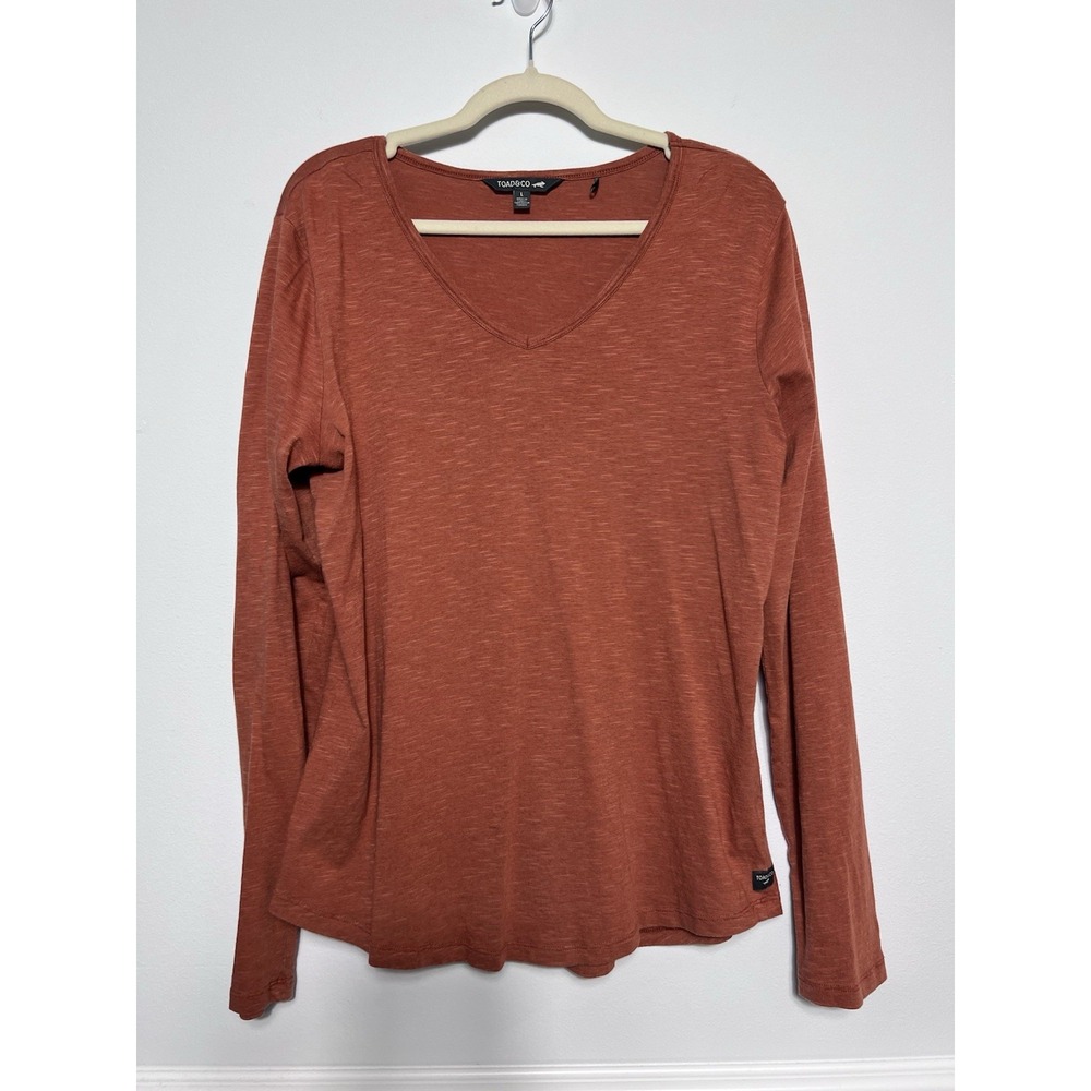 Toad&Co Marley II Tee Womens (L) COTTON TENCEL Rust V Neck -Long Sleeve -Granola - Picture 2 of 10